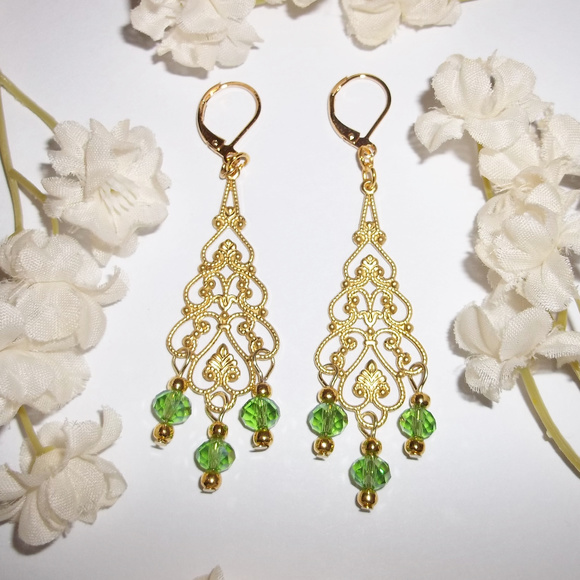 Chandelier Earring Set Statement Green & Gold 4888 - Picture 8 of 8